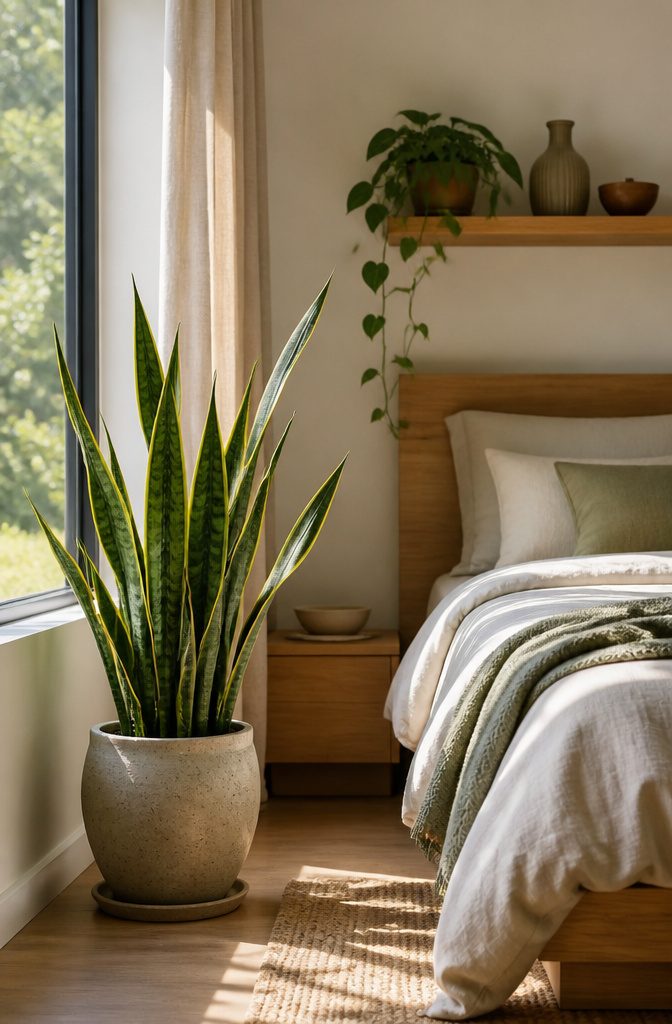 8 Functional Bedroom Ideas for Calm, Organized Spaces in 2026 8 A snake plant placed in a bedroom corner, thriving in low light.