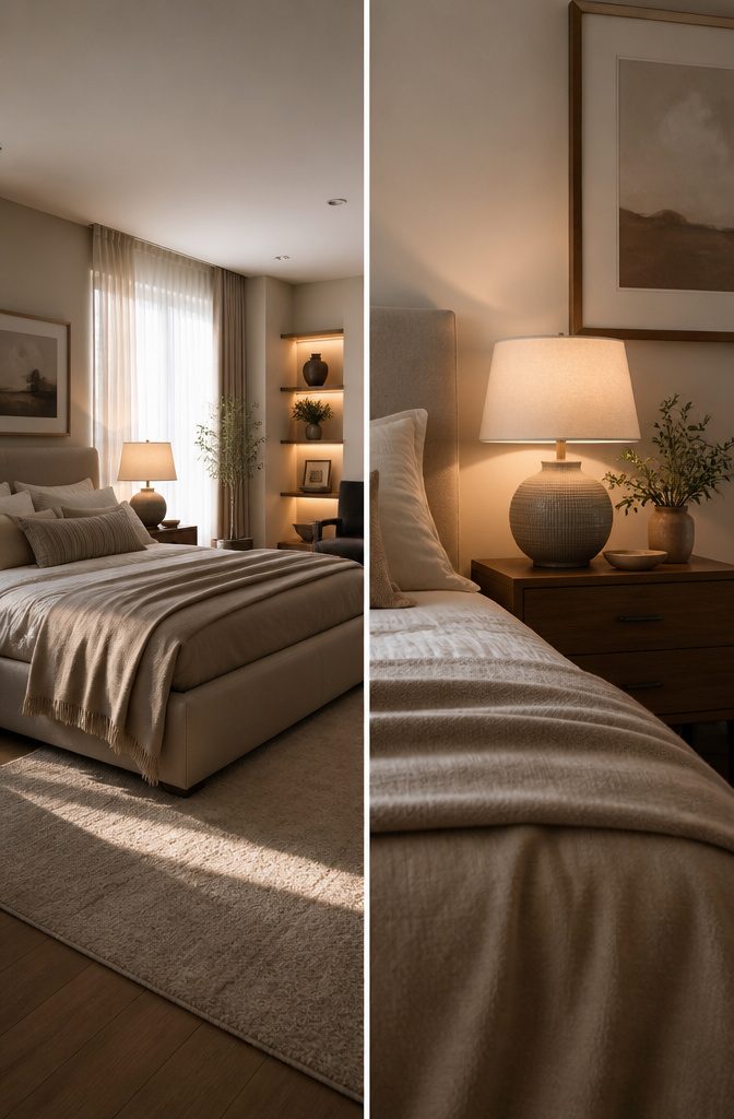 8 Functional Bedroom Ideas for Calm, Organized Spaces in 2026 6 A bedroom illuminated by ambient, task, and accent lighting.