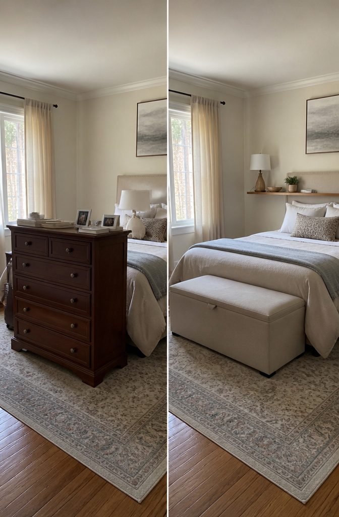 8 Functional Bedroom Ideas for Calm, Organized Spaces in 2026 13 A compact bedroom with a storage ottoman and clear walking paths.