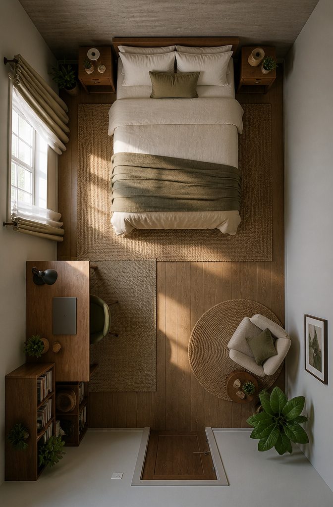 8 Functional Bedroom Ideas for Calm, Organized Spaces in 2026 4 A long bedroom with a bed centered and separate zones for work and sitting.