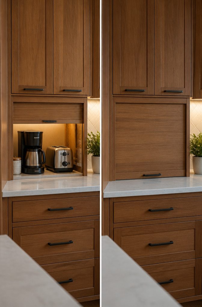 10 Functional Kitchen Cabinet Ideas for Better Storage in 2026 6 A closed appliance garage with kitchen appliances neatly stored inside.