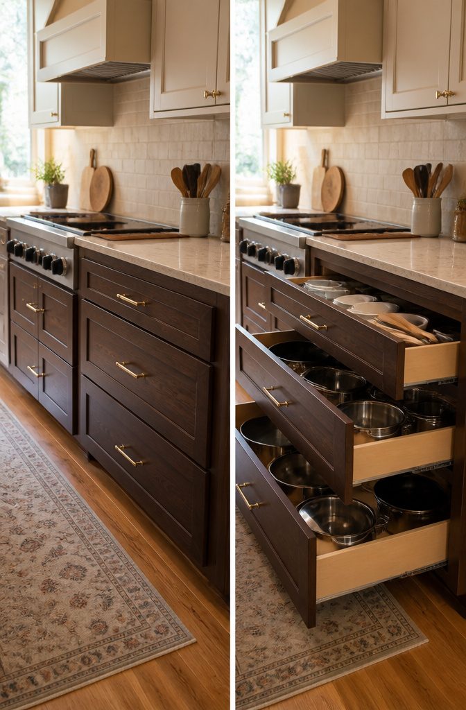 10 Functional Kitchen Cabinet Ideas for Better Storage in 2026 3 Lower kitchen drawers containing pots and pans for easy access.