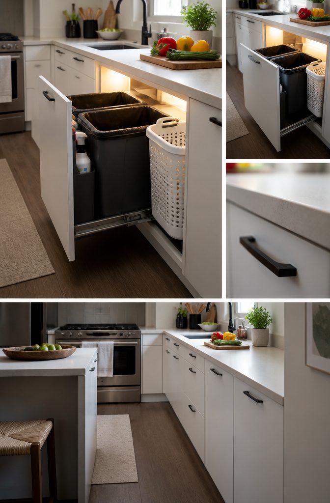 10 Functional Kitchen Cabinet Ideas for Better Storage in 2026 9 A pull-out cabinet with bins for trash, recycling, and laundry.