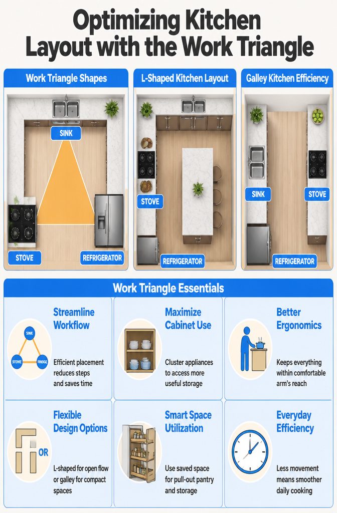 10 Functional Kitchen Cabinet Ideas for Better Storage in 2026 11 A diagram illustrating the work triangle concept in kitchen design.