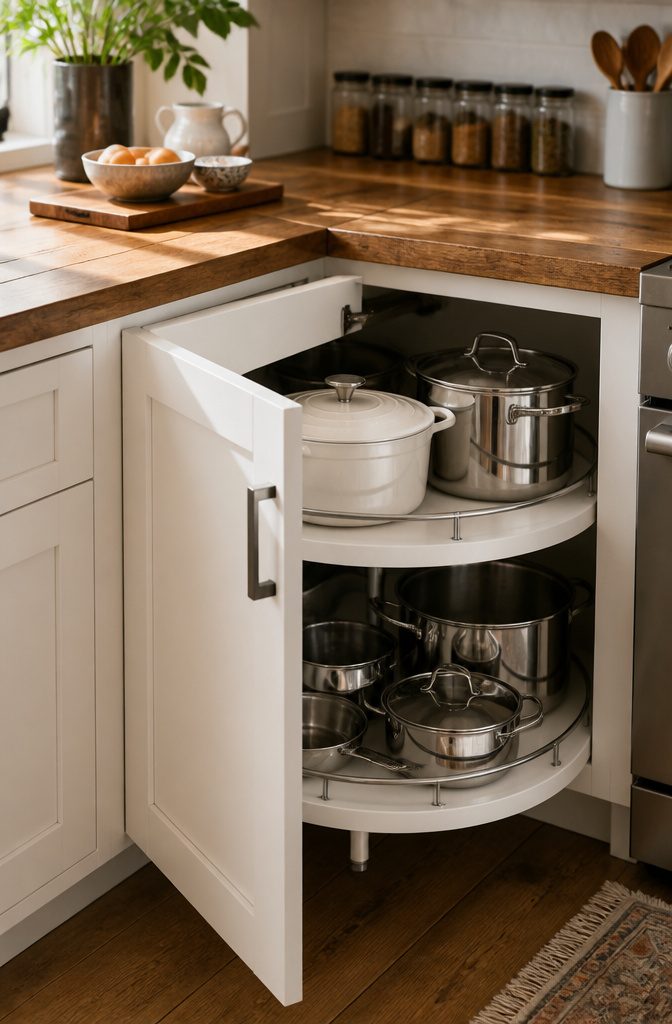10 Functional Kitchen Cabinet Ideas for Better Storage in 2026 2 A corner cabinet with a Lazy Susan displaying cookware on white shelves.