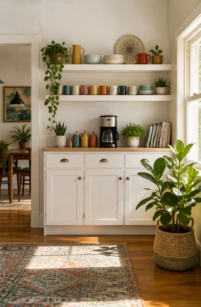 10 Functional Kitchen Cabinet Ideas for Better Storage in 2026 7 Open shelves holding mugs above a coffee station in a kitchen.