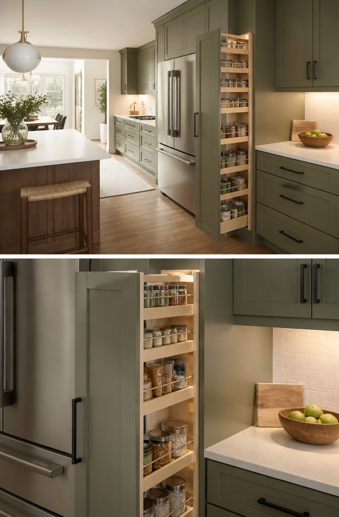 10 Functional Kitchen Cabinet Ideas for Better Storage in 2026 4 A narrow pull-out pantry cabinet storing canned goods and snacks.