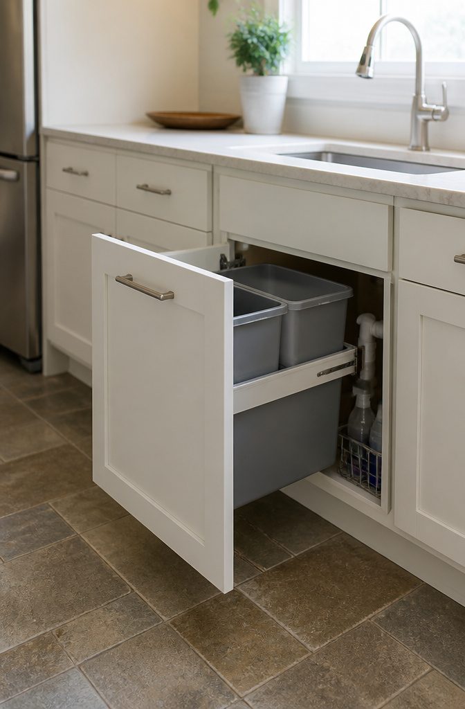 10 Functional Kitchen Cabinet Ideas for Better Storage in 2026 1 A pull-out trash bin with compartments inside a cabinet under a sink.