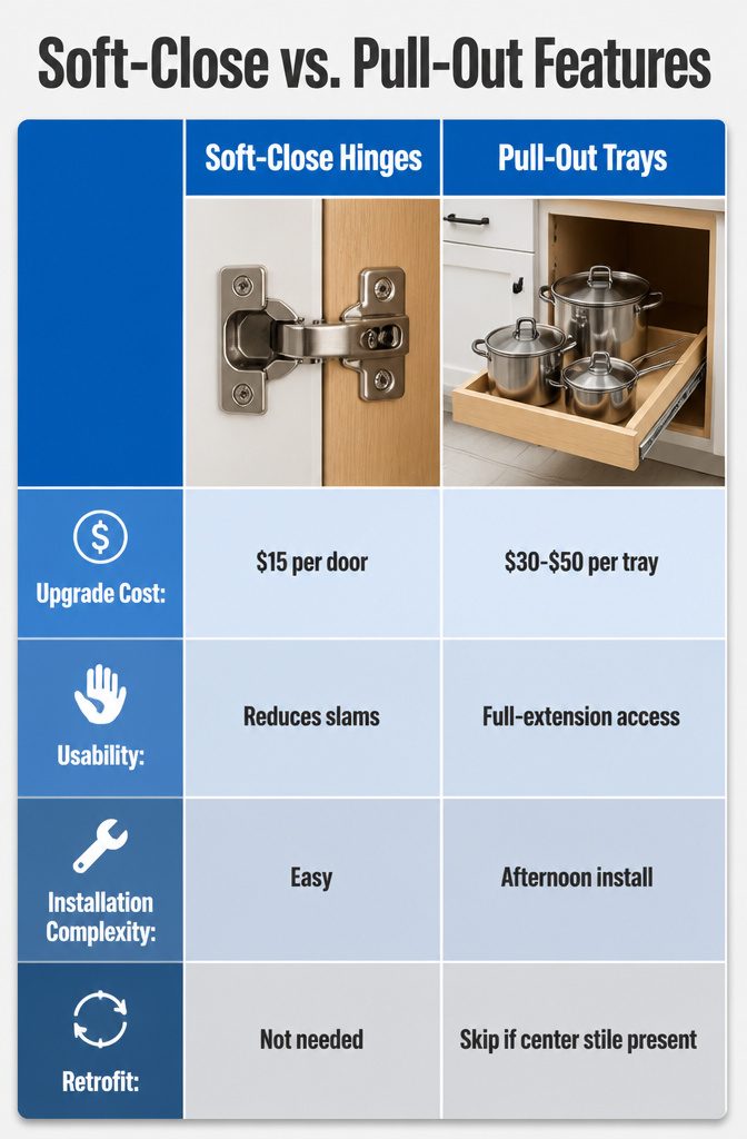 10 Functional Kitchen Cabinet Ideas for Better Storage in 2026 12 Cabinet doors and drawers with soft-close mechanisms in a kitchen.