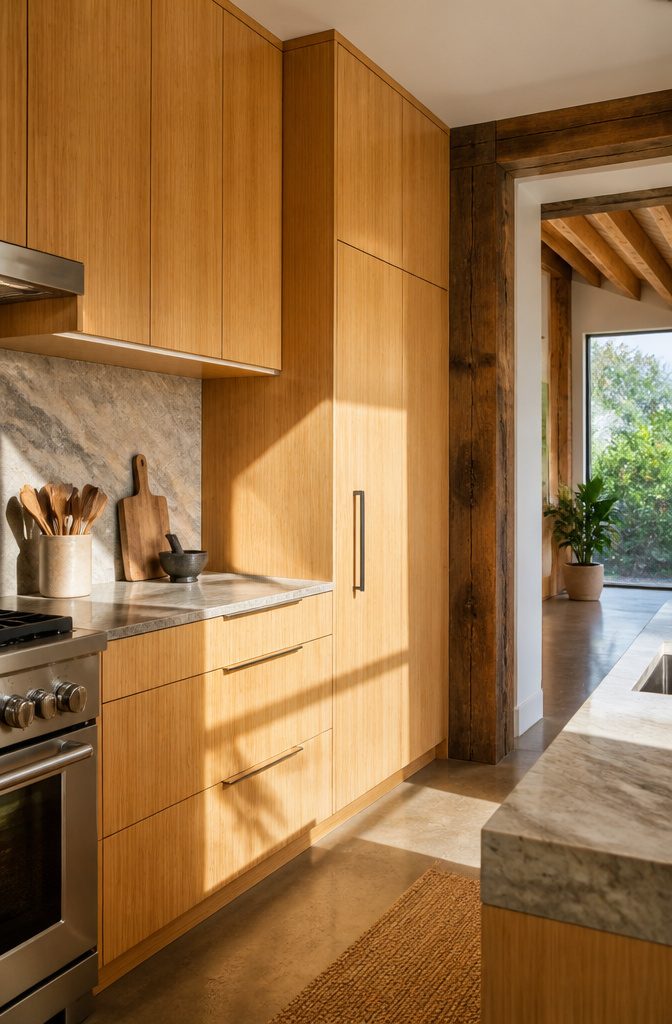 10 Functional Kitchen Cabinet Ideas for Better Storage in 2026 13 Bamboo cabinets with a light finish in a stylish kitchen setting.
