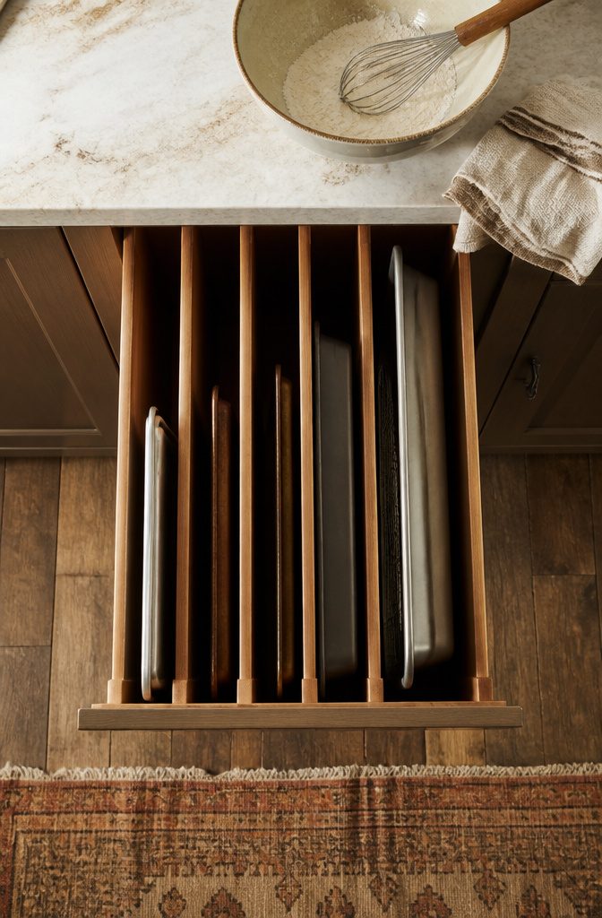 10 Functional Kitchen Cabinet Ideas for Better Storage in 2026 5 A cabinet with vertical dividers organizing baking sheets and trays.