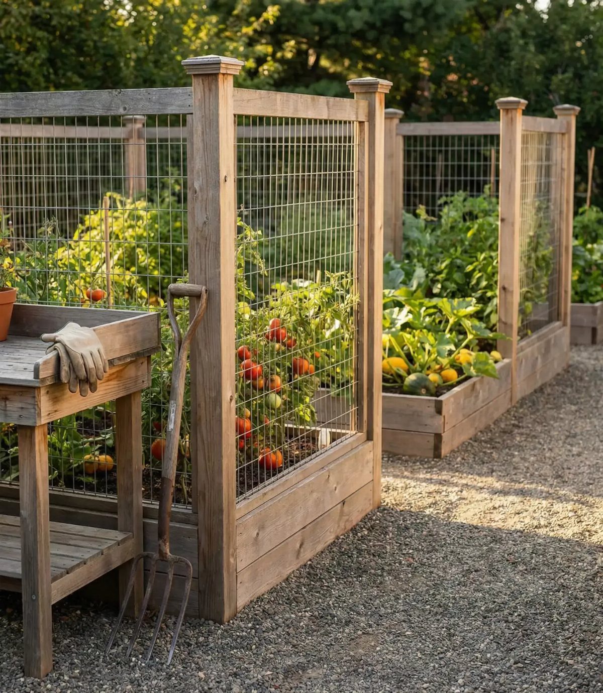 7 Garden Bed Fence Ideas to Protect Your Plants 4 Wooden raised garden beds with integrated wire mesh fencing protecting growing tomato plants.