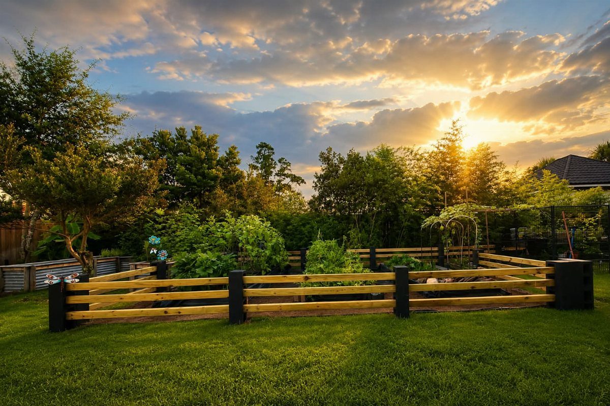 7 Garden Bed Fence Ideas to Protect Your Plants 7 Low wooden garden bed fence with black posts surrounding green plants in a grassy yard at sunset.