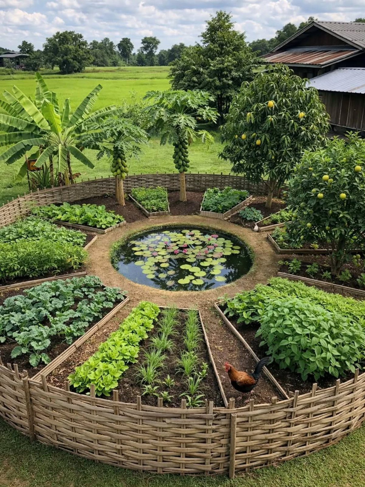 10 Garden Ideas for Vegetables: Raised Beds to Hydroponic Towers 10 A circular garden with wedge-shaped vegetable beds surrounding a central lily pad pond.