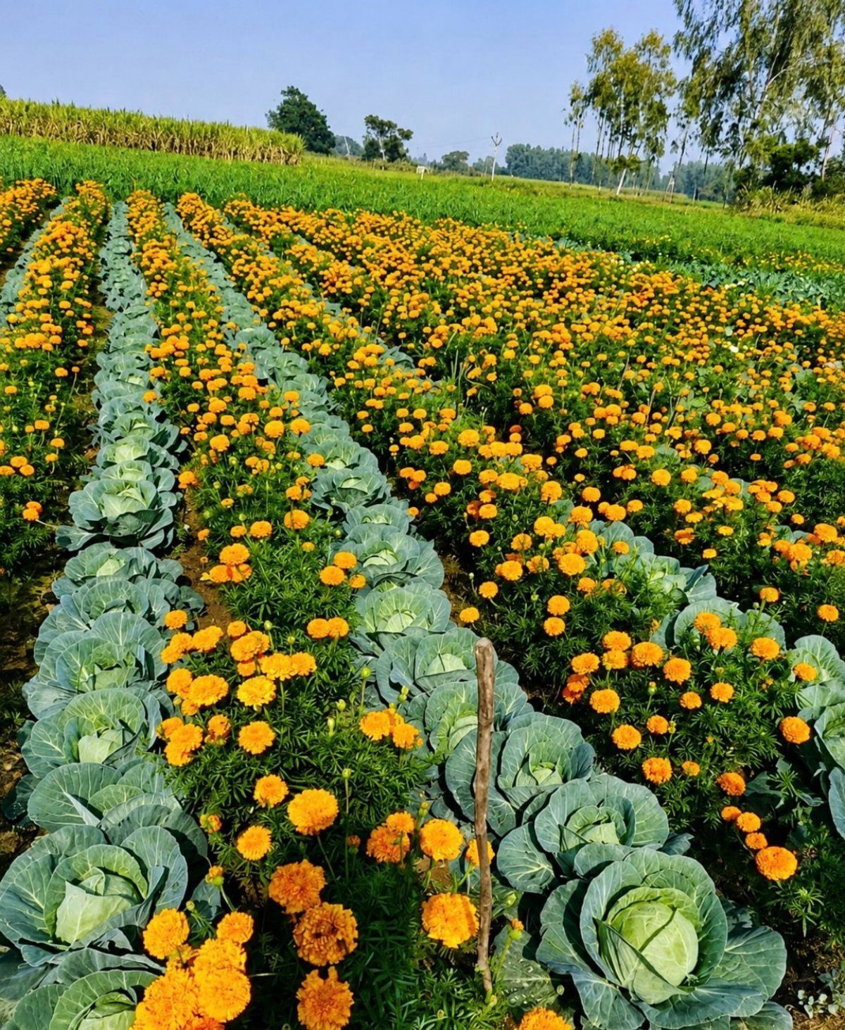 10 Garden Ideas for Vegetables: Raised Beds to Hydroponic Towers 9 Rows of green cabbage plants and bright orange marigolds growing in a sunny garden field.