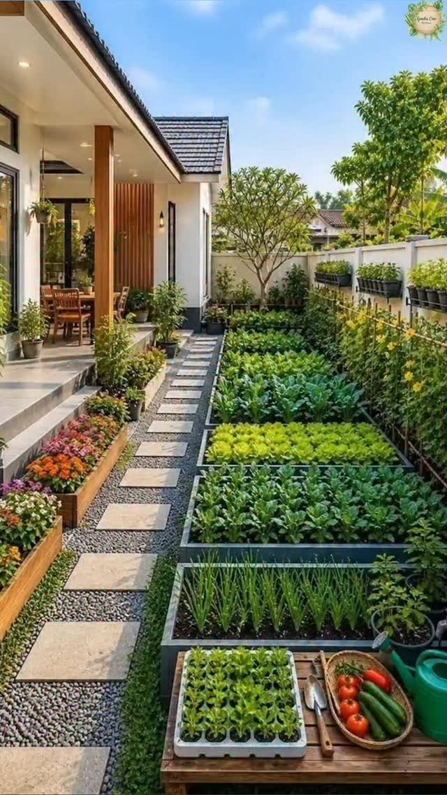 10 Garden Ideas for Vegetables: Raised Beds to Hydroponic Towers 8 Rectangular raised garden beds filled with lush green vegetables alongside a stone pathway next to a house.