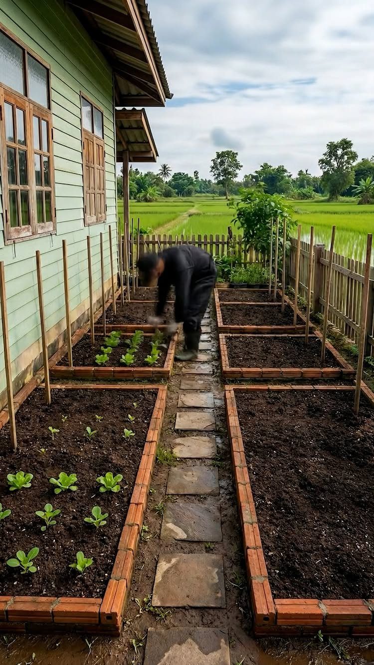 10 Garden Ideas for Vegetables: Raised Beds to Hydroponic Towers 1 A person gardening in several brick-bordered raised garden beds next to a green wooden house.