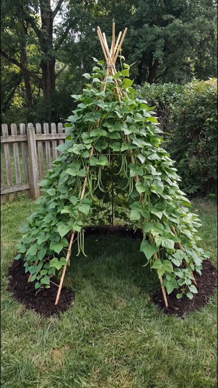 10 Garden Ideas for Vegetables: Raised Beds to Hydroponic Towers 6 Green bean plants climbing a wooden teepee trellis in a backyard garden setting.