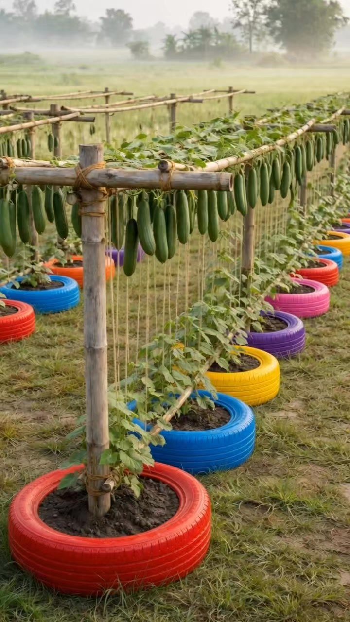 10 Garden Ideas for Vegetables: Raised Beds to Hydroponic Towers 7 Rows of colorful painted tires acting as planters for climbing cucumber plants on wooden trellises.