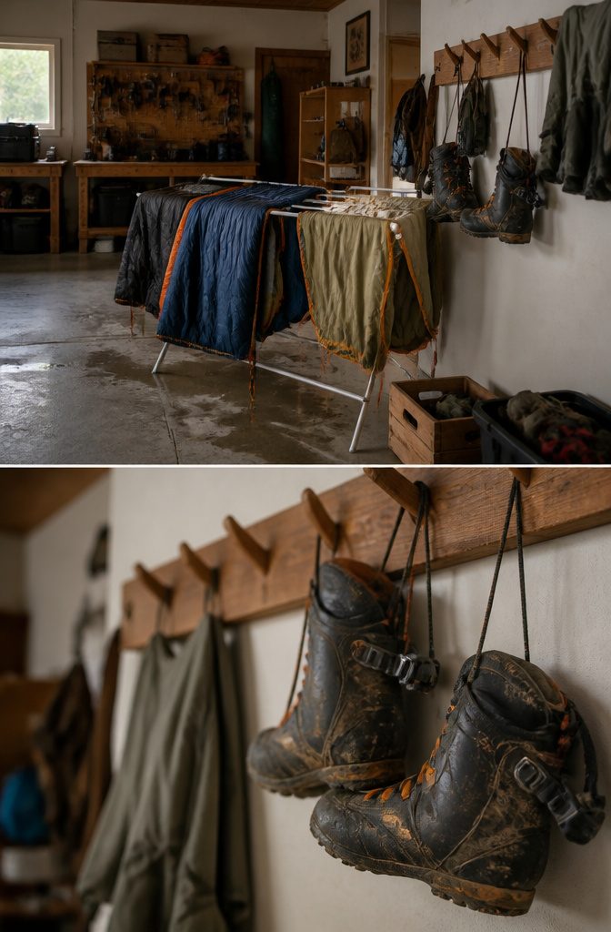 10 Gear Organization Ideas for Your Space in 2026 9 Tent and sleeping bag hanging to dry on a makeshift drying rack.