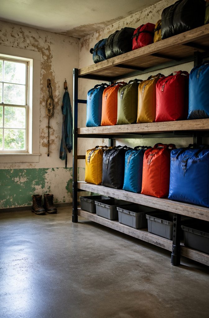 10 Gear Organization Ideas for Your Space in 2026 14 Shelves displaying dry bags and organized gear in a moisture-controlled area.