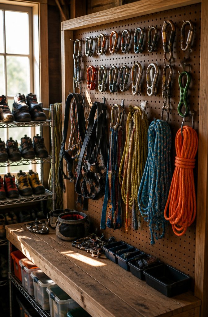 10 Gear Organization Ideas for Your Space in 2026 3 Pegboard system with climbing hardware organized and visible.
