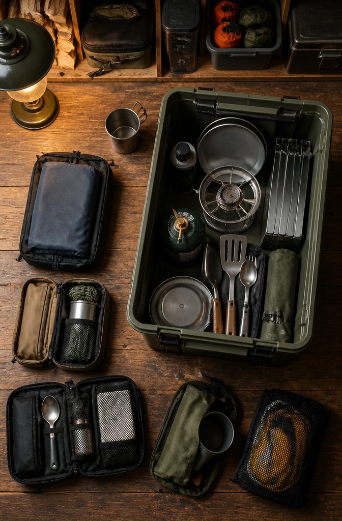 10 Gear Organization Ideas for Your Space in 2026 13 Pre-packed camping kitchen bin loaded with essentials for a trip.