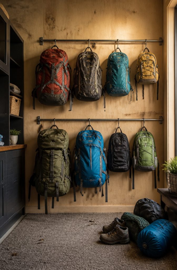 10 Gear Organization Ideas for Your Space in 2026 7 Wall-mounted garment rack displaying various backpacks hung by S-hooks.
