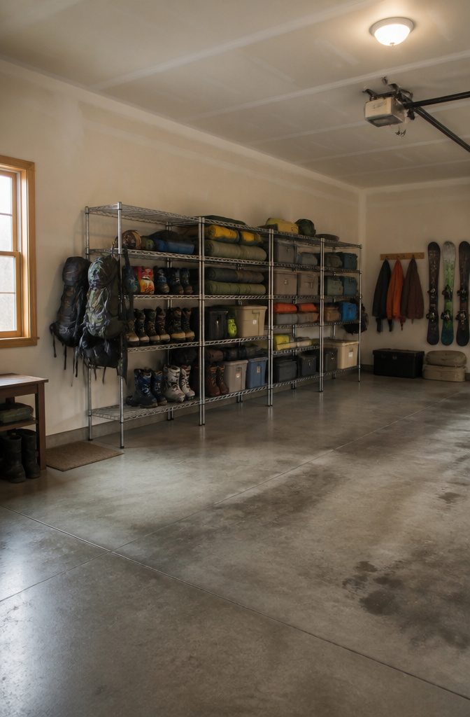10 Gear Organization Ideas for Your Space in 2026 4 Heavy-duty wire shelving unit with ski boots and camping gear.