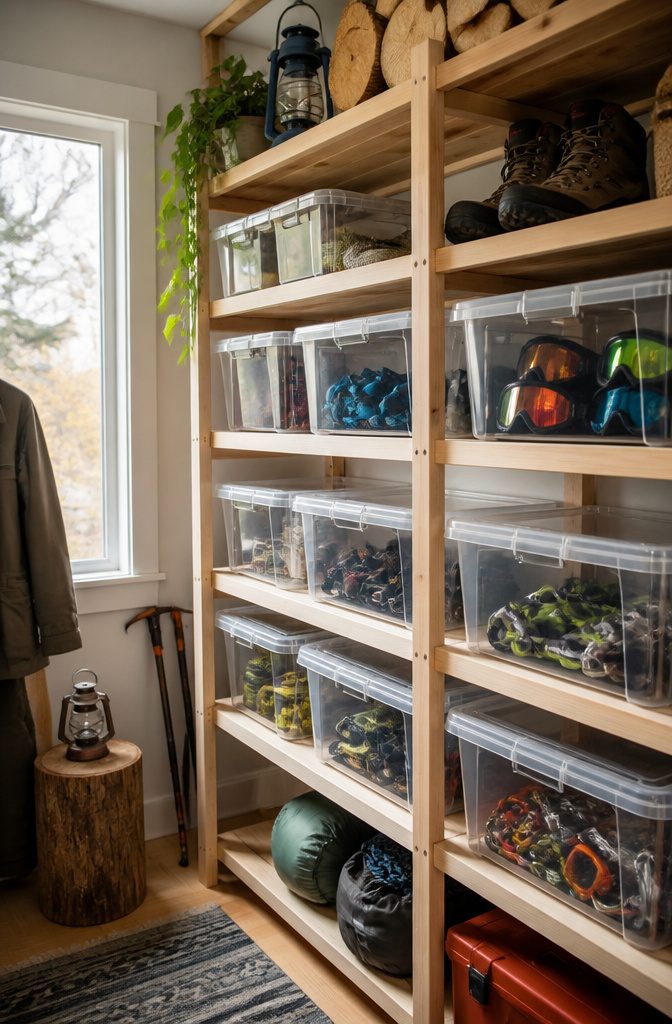 10 Gear Organization Ideas for Your Space in 2026 2 Brightly lit shelves displaying clear storage bins filled with colorful gear.