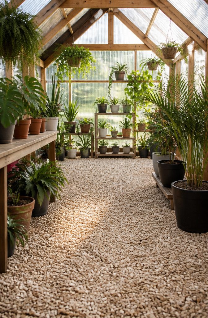 Pea gravel spread over landscape fabric in a greenhouse.