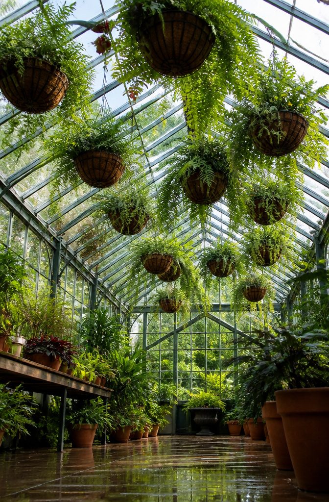 Hanging wire baskets with plants suspended from the greenhouse ceiling.