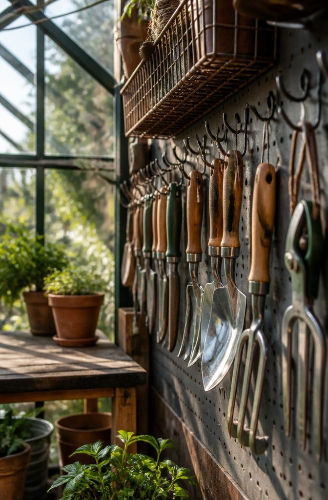 Various gardening tools hanging on hooks in a greenhouse.