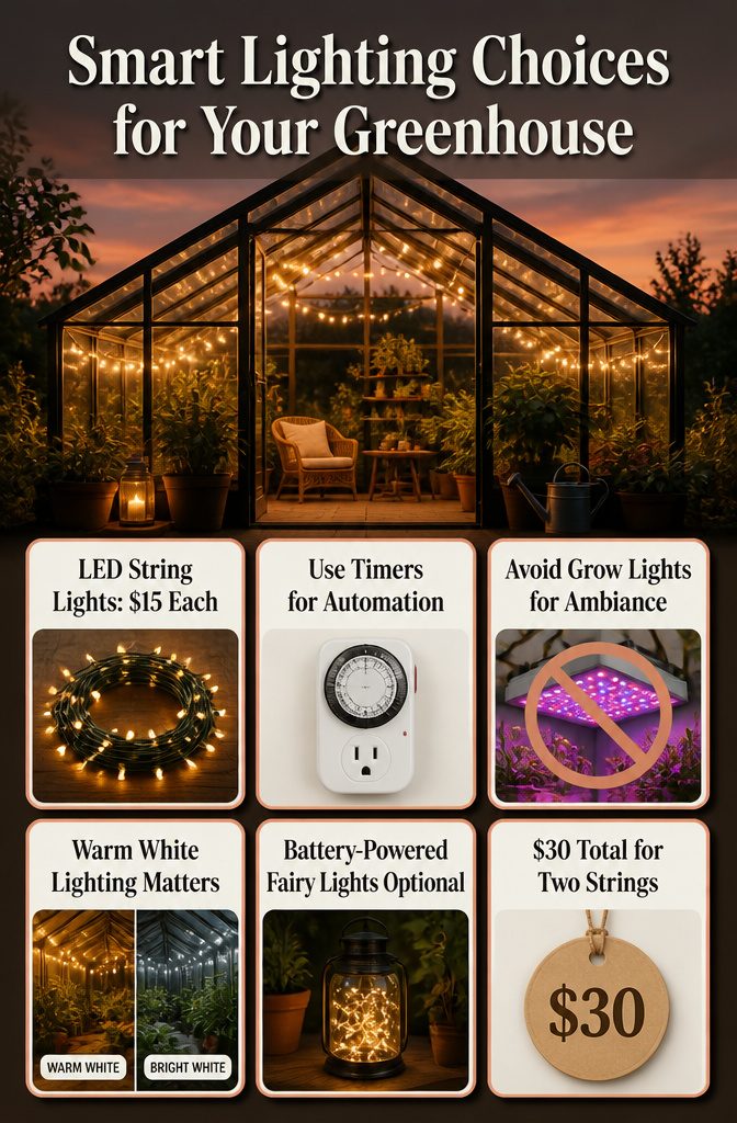 LED lights installed in a greenhouse for evening use.