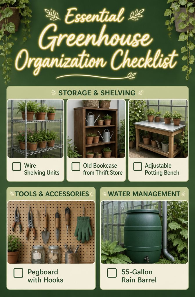 Wire shelving units lined with gardening tools and supplies.