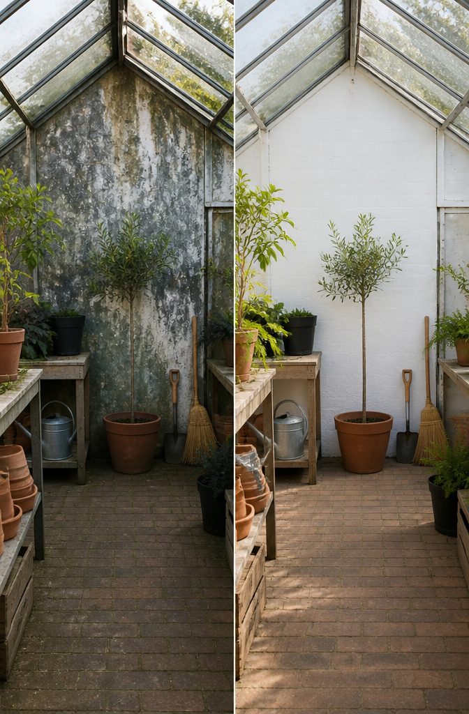 A greenhouse back wall painted bright white to enhance light.