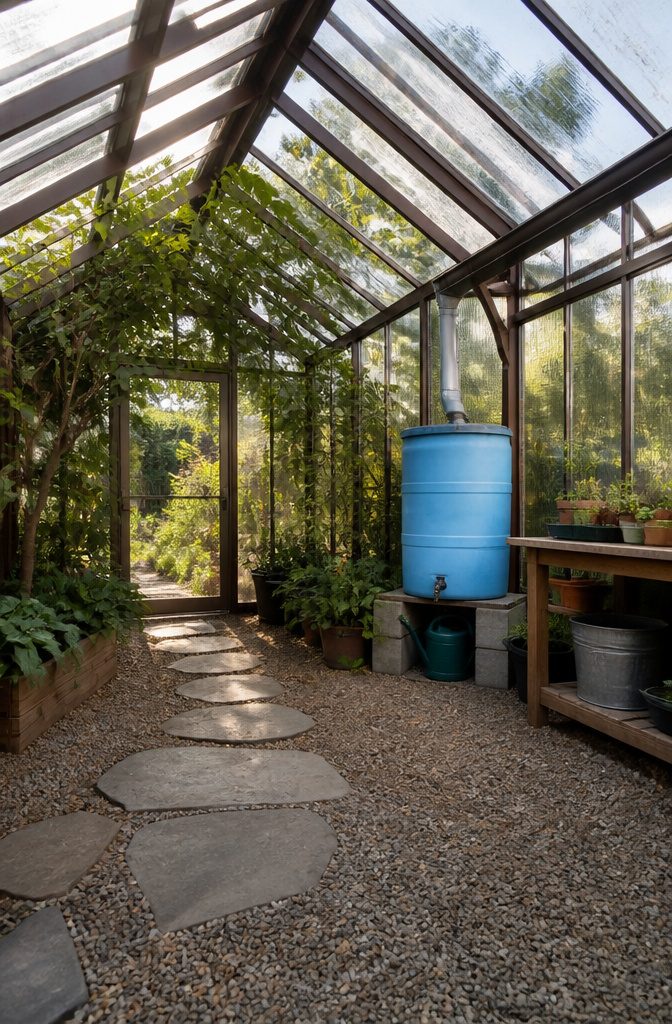 Rainwater collection barrel placed at the greenhouse downspout.