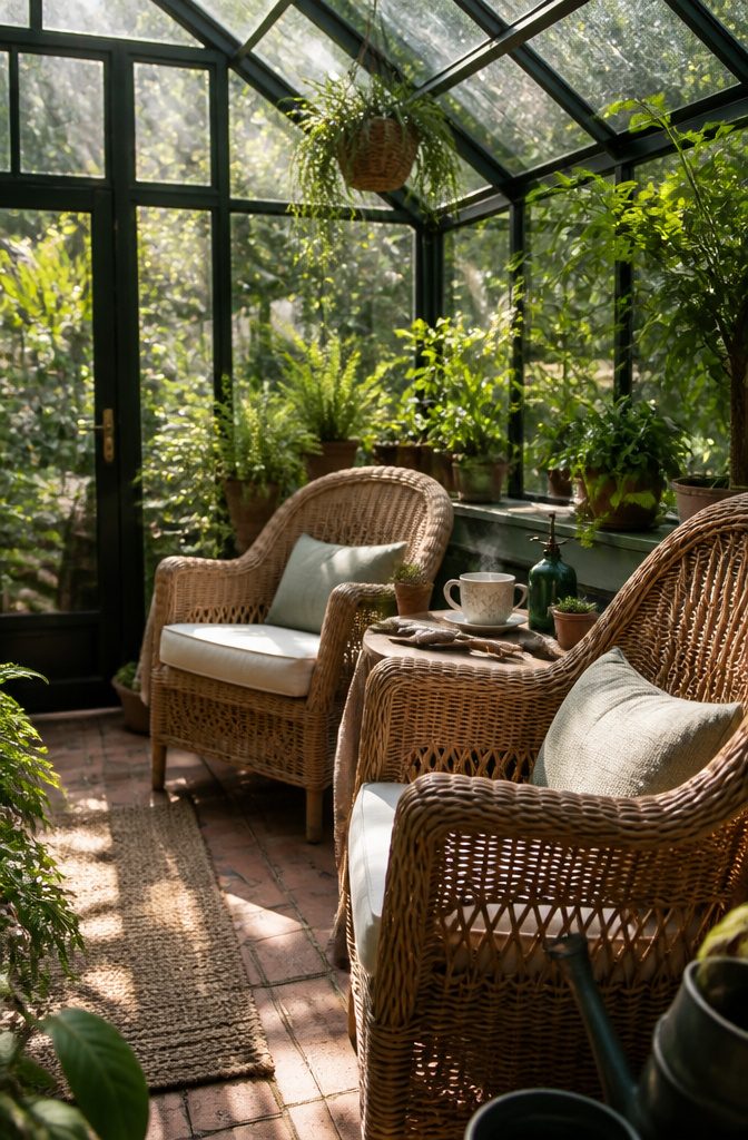 Wicker chairs and a small table set in a green greenhouse.