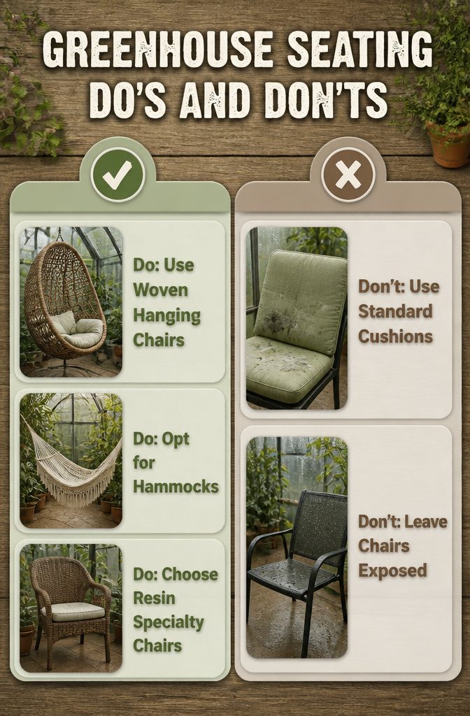 Woven chairs and hammocks set up in a greenhouse.