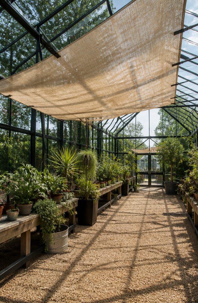 Shade cloth hanging in a greenhouse to protect plants from direct sunlight.