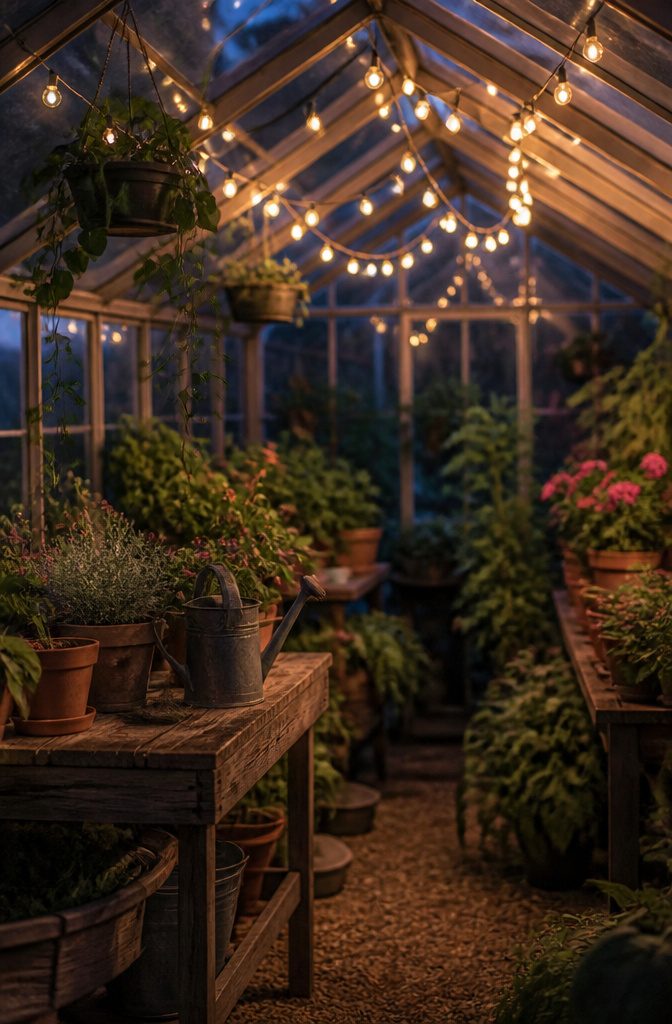 LED string lights draped across the ceiling of a greenhouse.