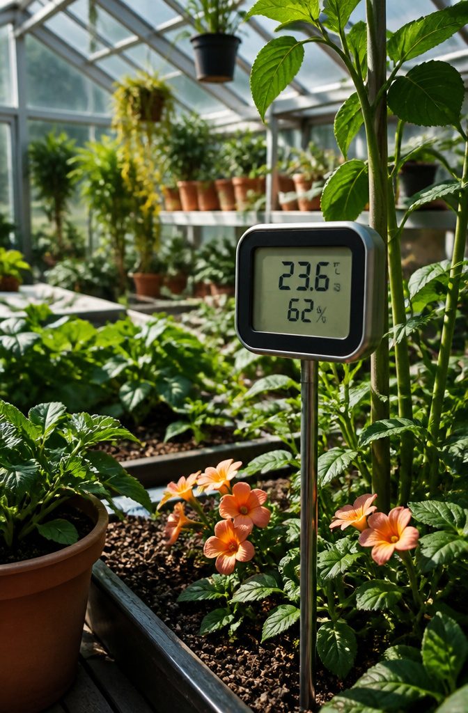 Digital thermometer and humidity gauge mounted in a greenhouse.