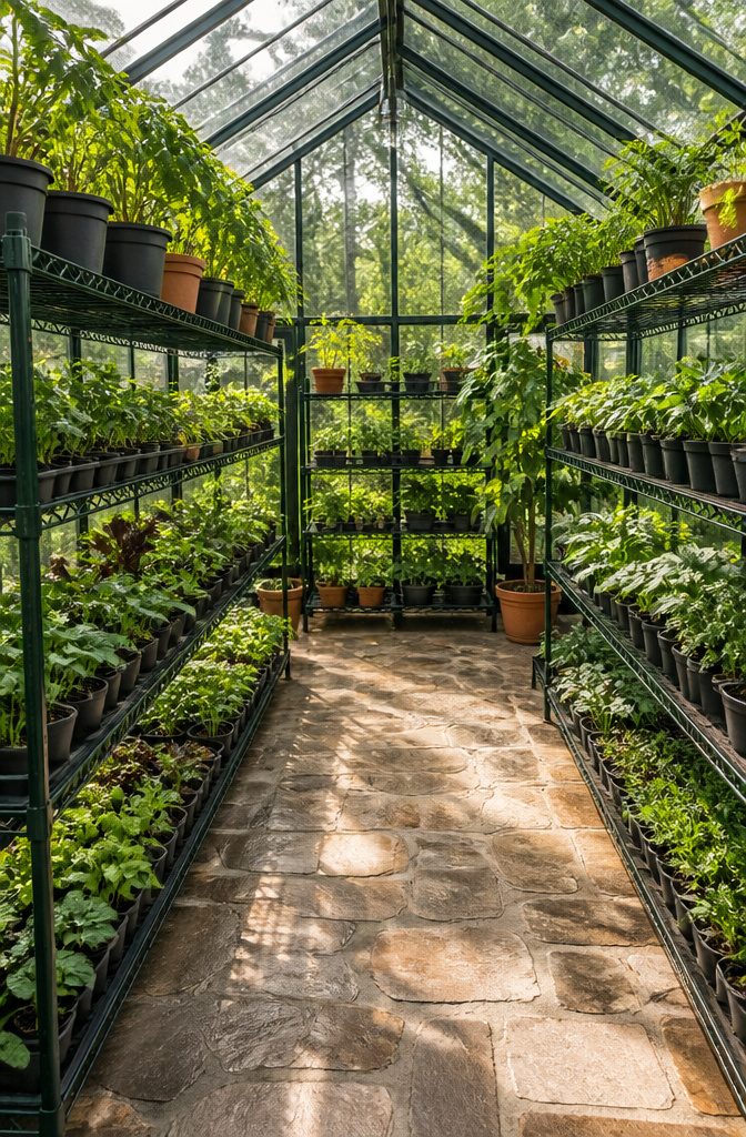 Metal shelving units lined with pots and seedlings in a greenhouse.
