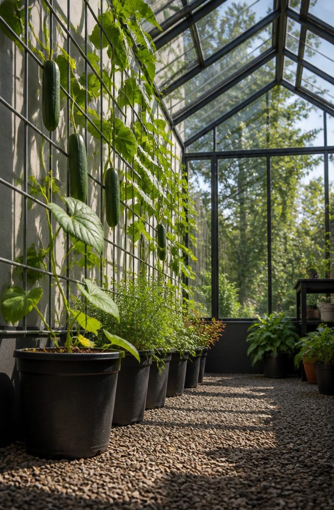 Cattle panel trellis supporting cucumber plants in a greenhouse.