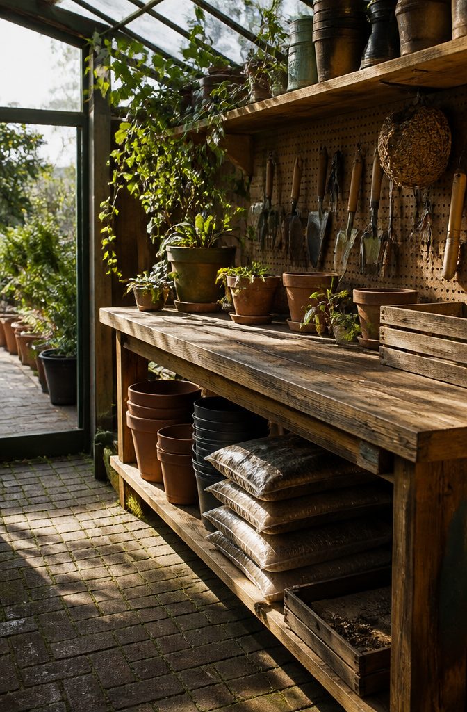 Wooden workbench with organized tools and potting mix in a greenhouse.