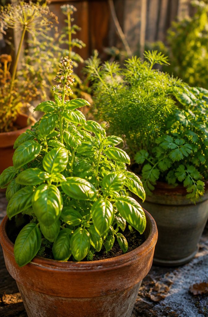 Growing Herbs Outdoors: Planting, Watering and Harvesting Tips 9 Basil plants showing signs of seasonal growth.