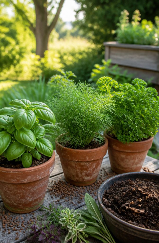 Growing Herbs Outdoors: Planting, Watering and Harvesting Tips 6 Herbs with organic fertilizer sprinkled on the soil.