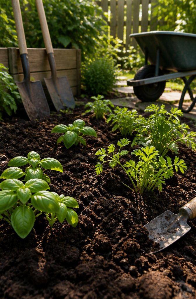 Growing Herbs Outdoors: Planting, Watering and Harvesting Tips 2 Close-up of hands working compost into soil with young herbs.