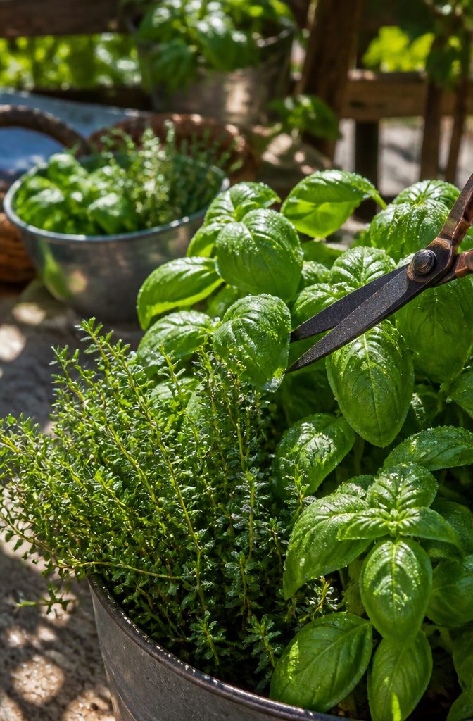 Growing Herbs Outdoors: Planting, Watering and Harvesting Tips 7 A hand snipping stems from a basil plant for harvesting.