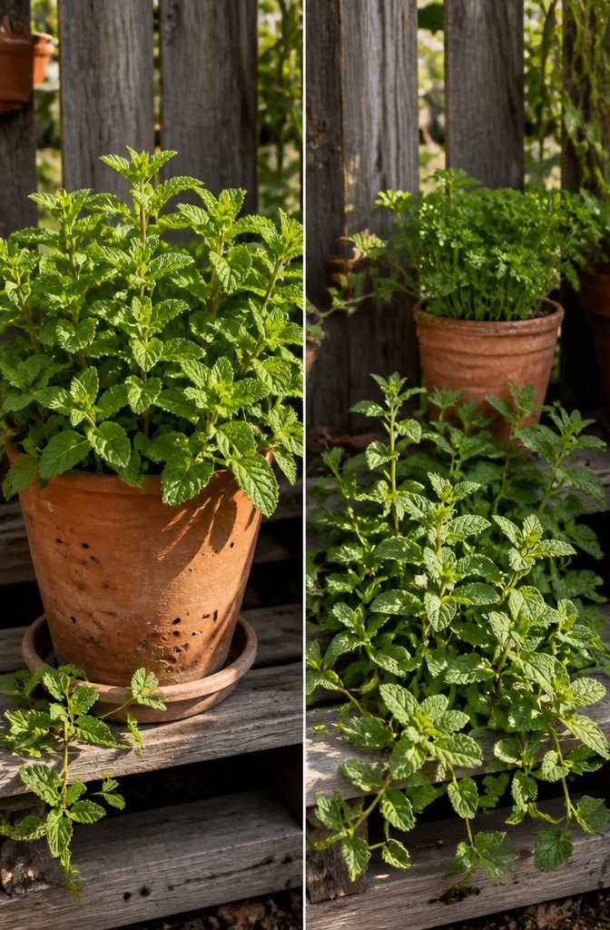 Growing Herbs Outdoors: Planting, Watering and Harvesting Tips 11 Mint plants growing in a pot to contain their spread.